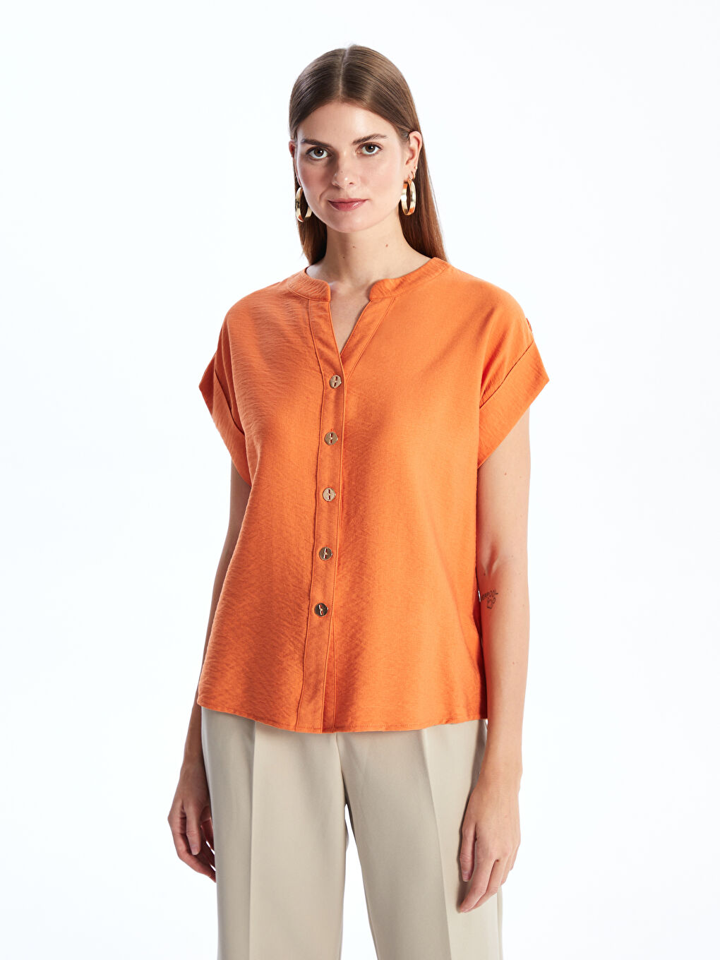 Henley Neckline Straight Short Sleeve Women Blouse -S49666Z8-VHX