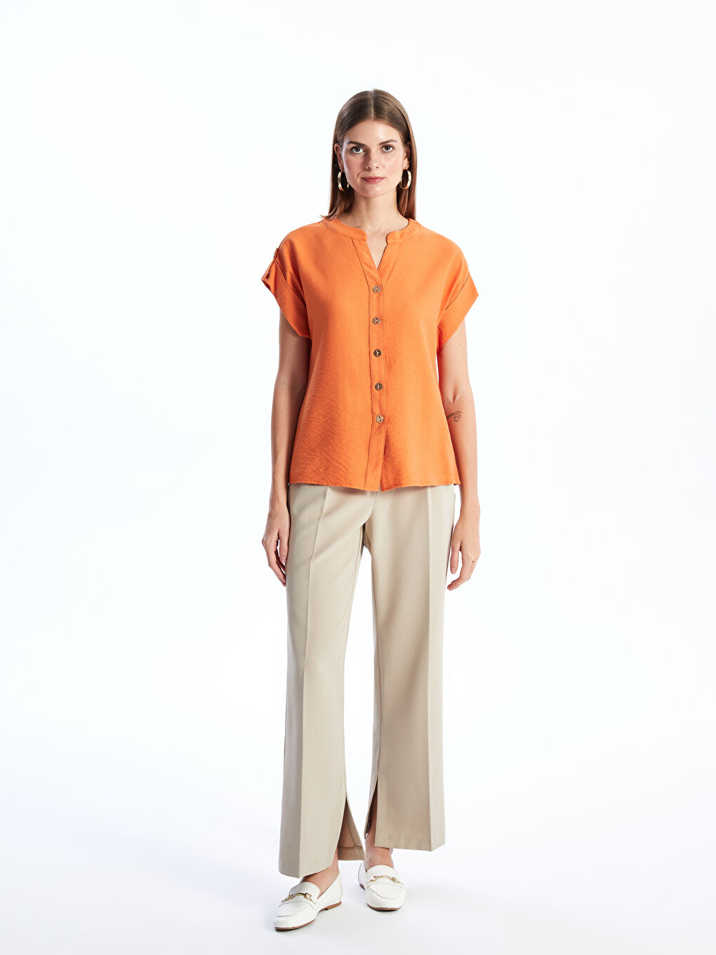 Henley Neckline Straight Short Sleeve Women Blouse -S49666Z8-VHX