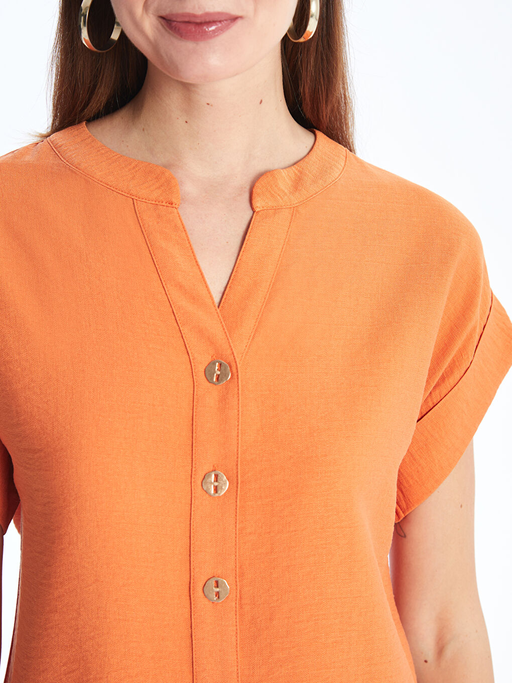 Henley Neckline Straight Short Sleeve Women Blouse -S49666Z8-VHX