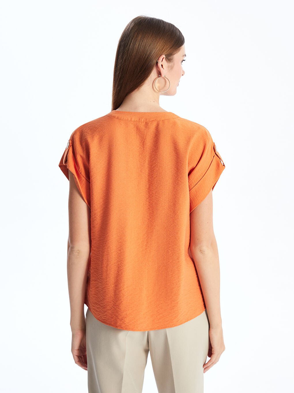 Henley Neckline Straight Short Sleeve Women Blouse -S49666Z8-VHX