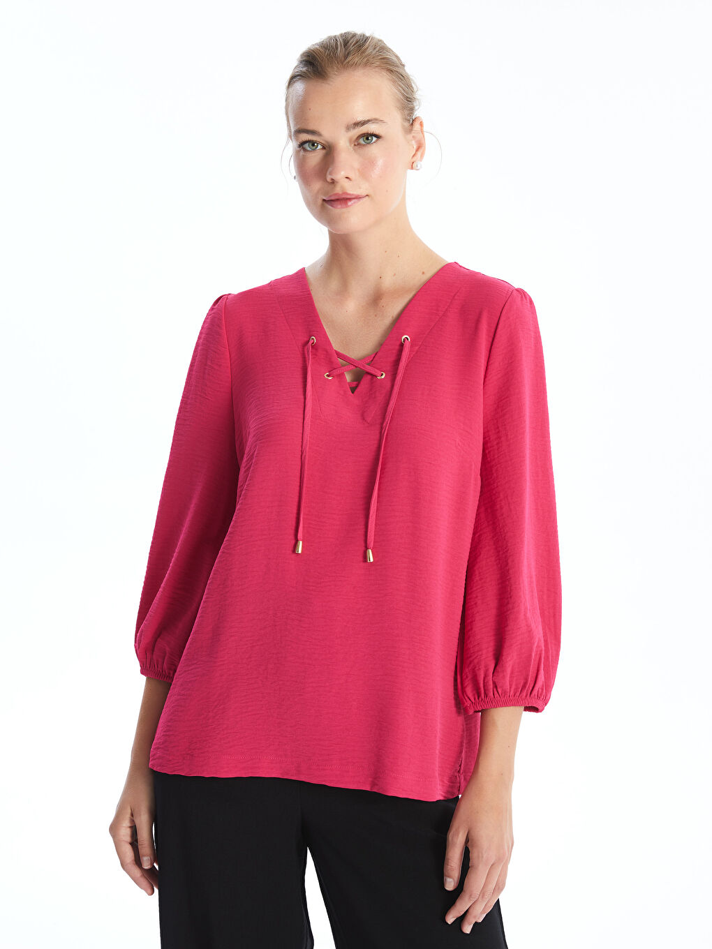 V-Neck Plain Aerobin Women's Blouse -S49689Z8-EDF