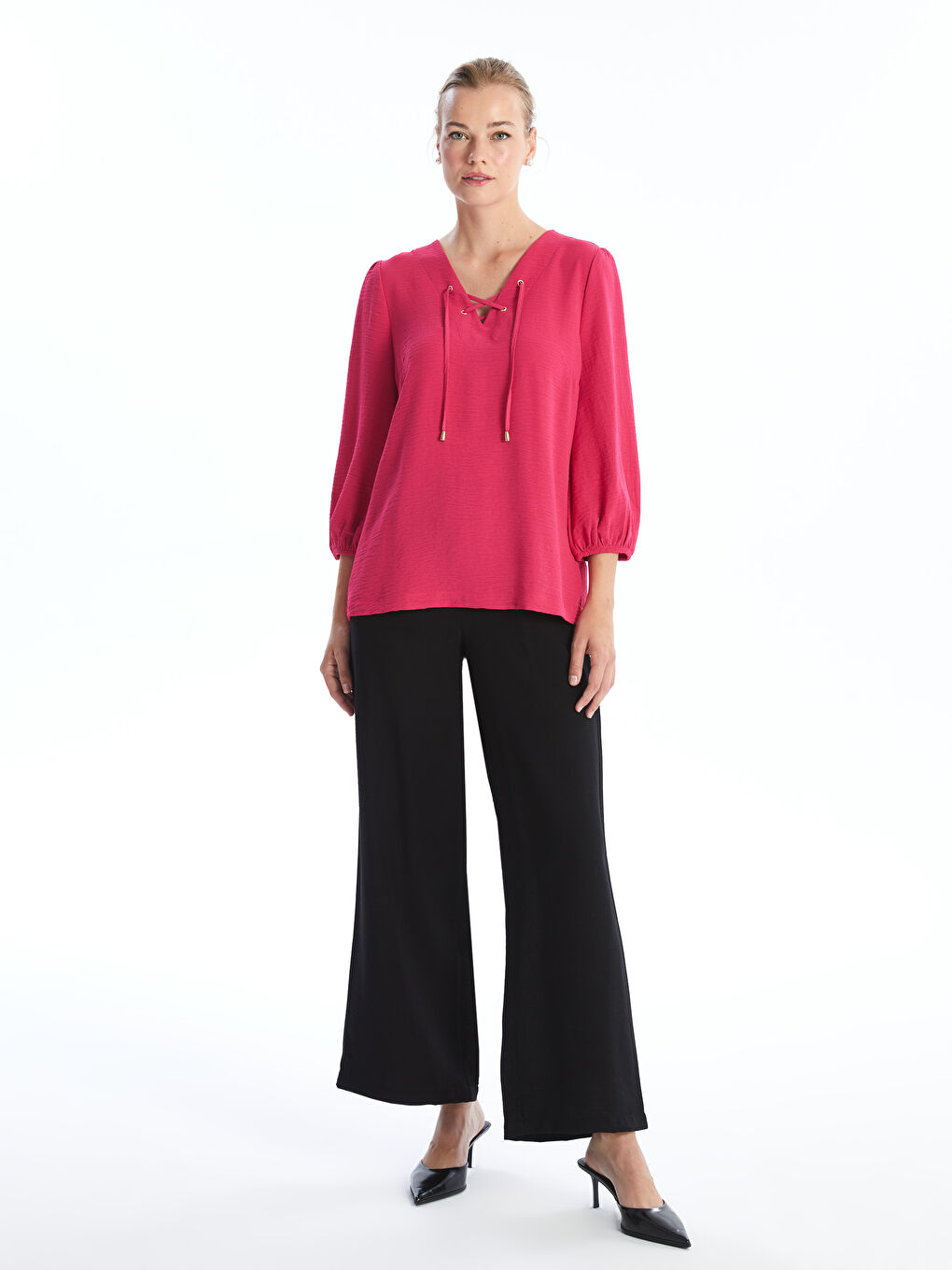V-Neck Plain Aerobin Women's Blouse -S49689Z8-EDF