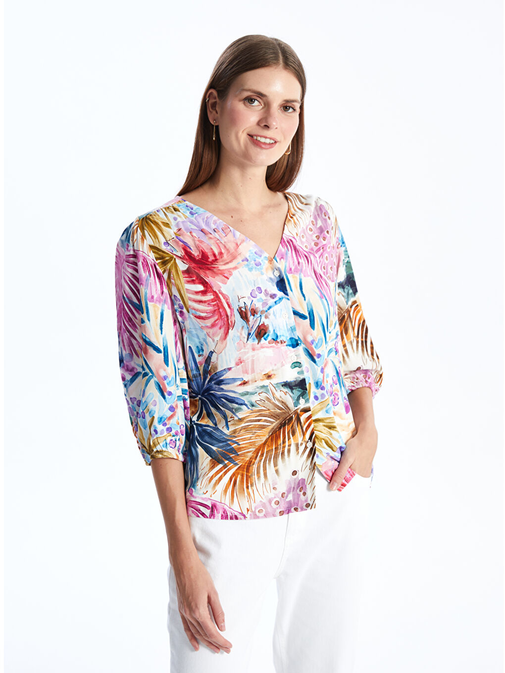 V-Neck Patterned Women's Blouse -S49696Z8-LQQ