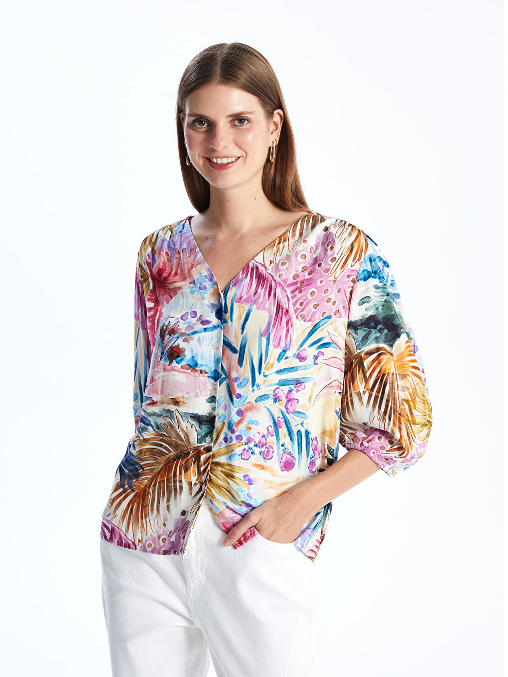 V-Neck Patterned Women's Blouse -S49696Z8-LQQ
