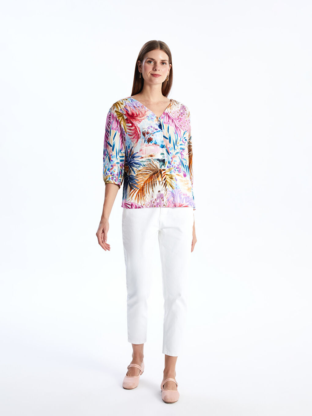 V-Neck Patterned Women's Blouse -S49696Z8-LQQ