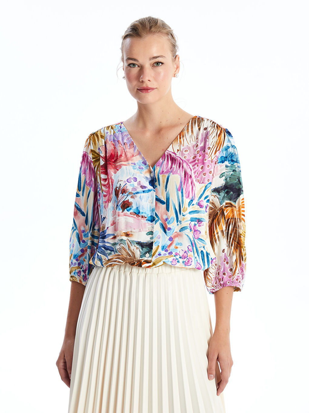 V-Neck Patterned Women's Blouse -S49696Z8-LQQ
