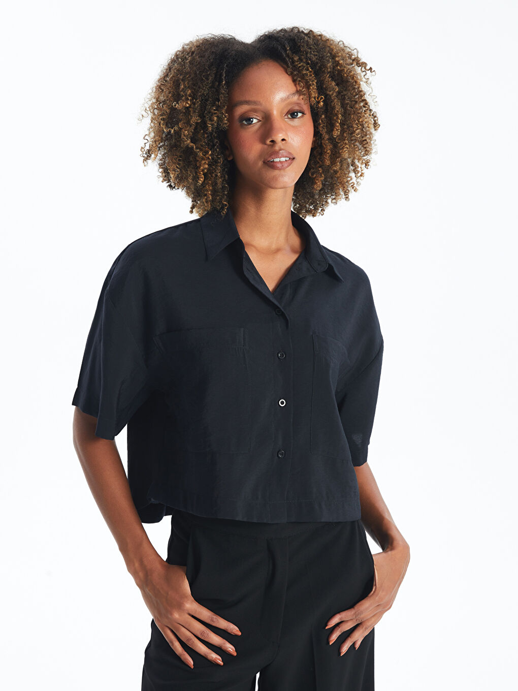 Plain Short Sleeve Crop Women's Shirt -S49712Z8-CVL