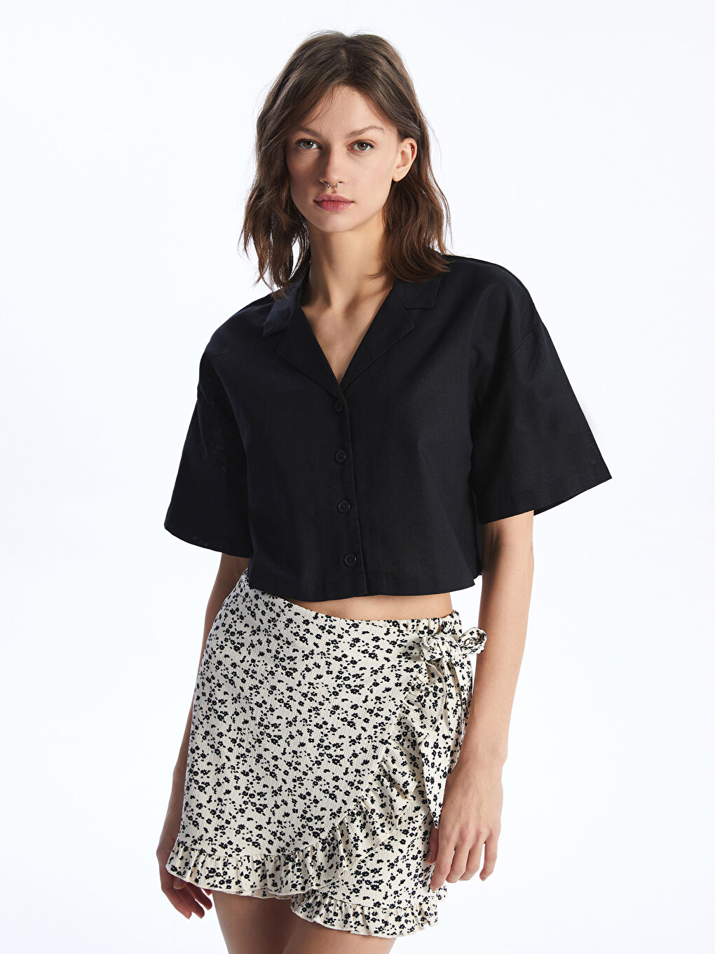 Plain Short Sleeve Crop Linen Blend Women's Shirt -S49715Z8-CVL