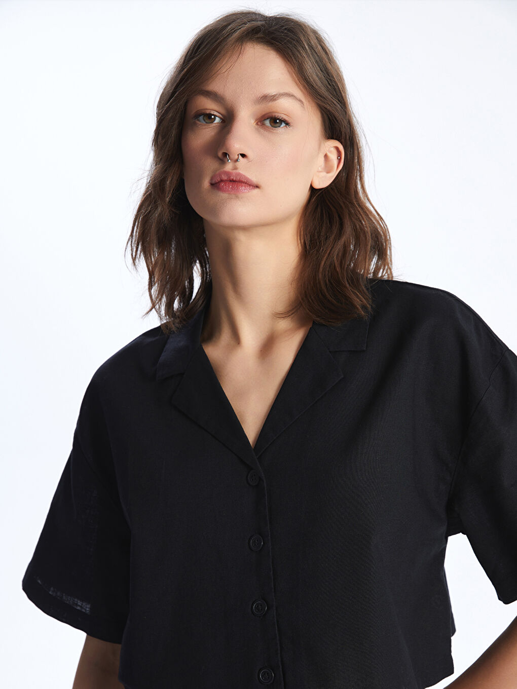 Plain Short Sleeve Crop Linen Blend Women's Shirt -S49715Z8-CVL