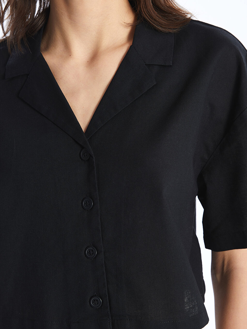 Plain Short Sleeve Crop Linen Blend Women's Shirt -S49715Z8-CVL