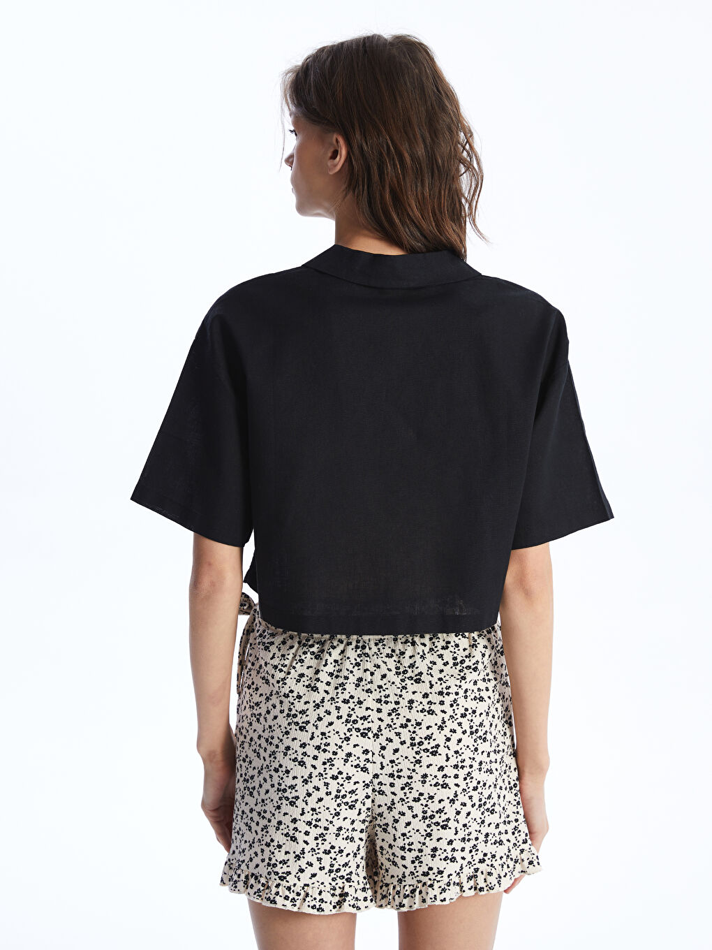 Plain Short Sleeve Crop Linen Blend Women's Shirt -S49715Z8-CVL