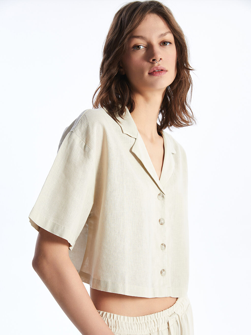Plain Short Sleeve Crop Linen Blend Women's Shirt -S49715Z8-VHM