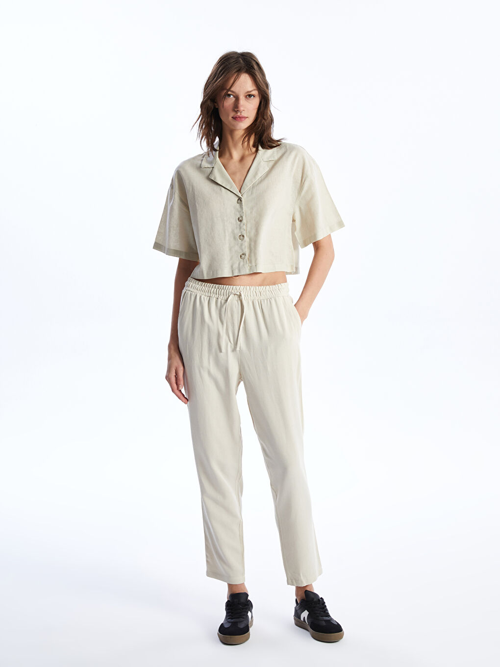 Plain Short Sleeve Crop Linen Blend Women's Shirt -S49715Z8-VHM