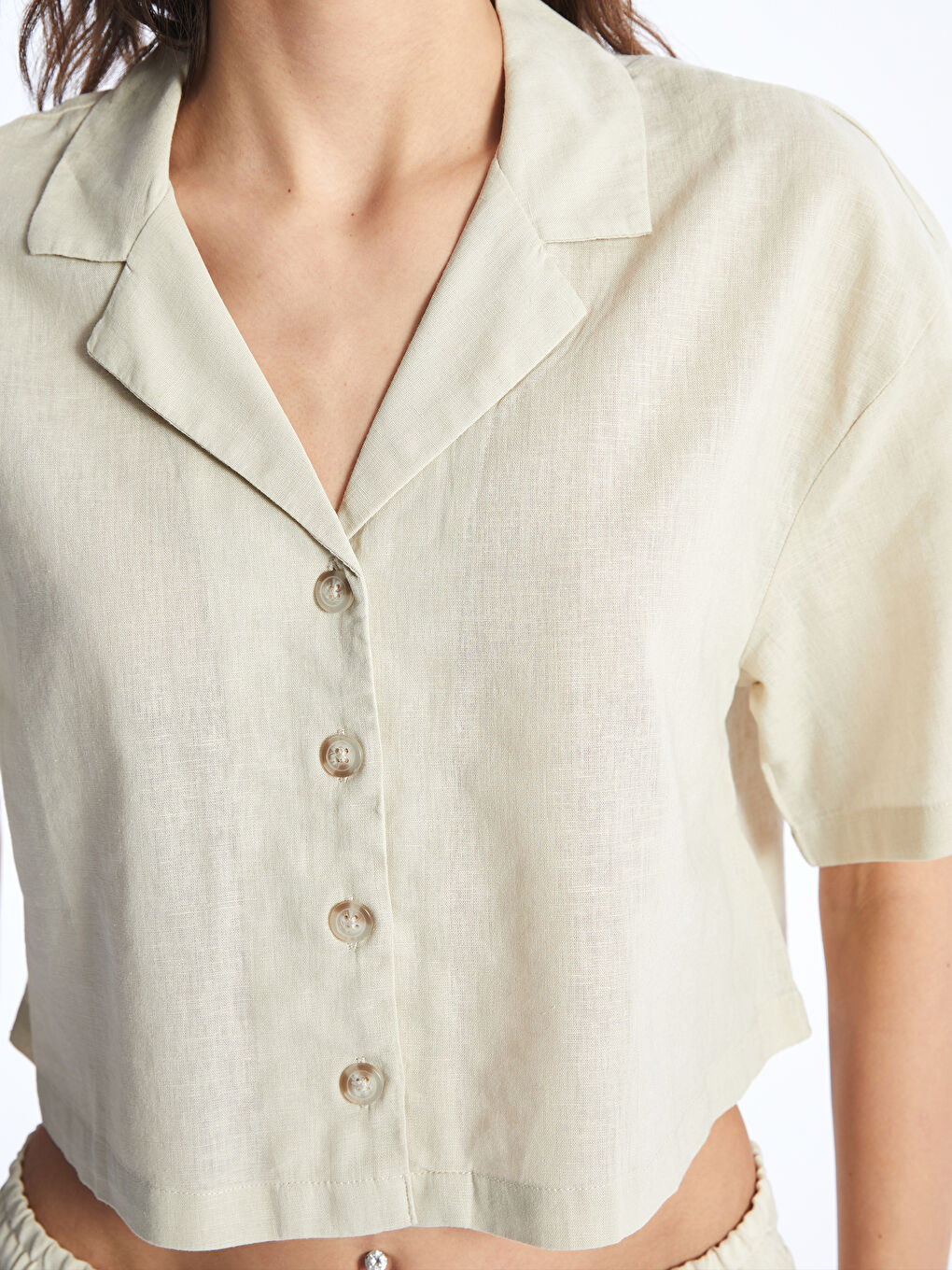 Plain Short Sleeve Crop Linen Blend Women's Shirt -S49715Z8-VHM