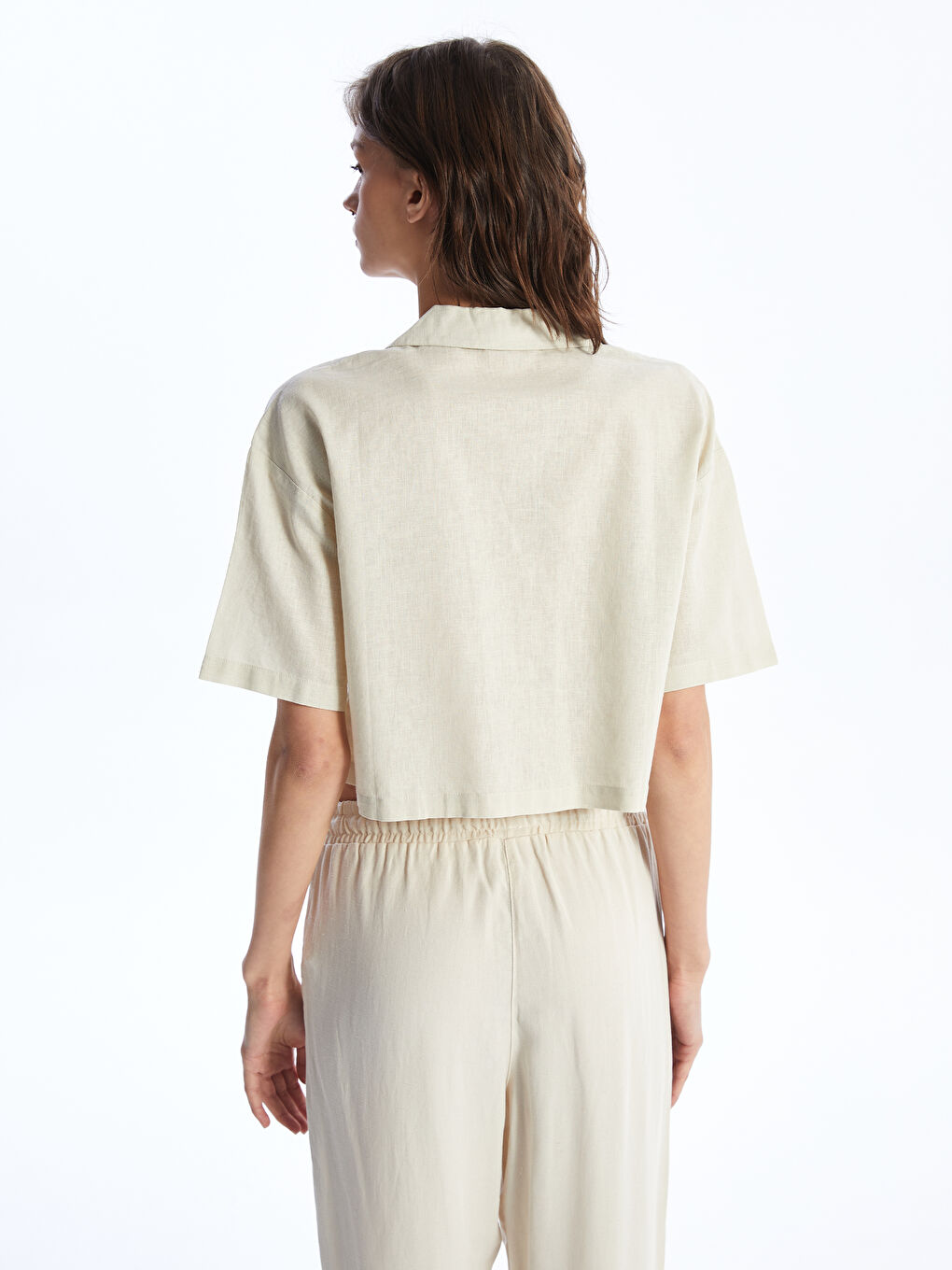 Plain Short Sleeve Crop Linen Blend Women's Shirt -S49715Z8-VHM