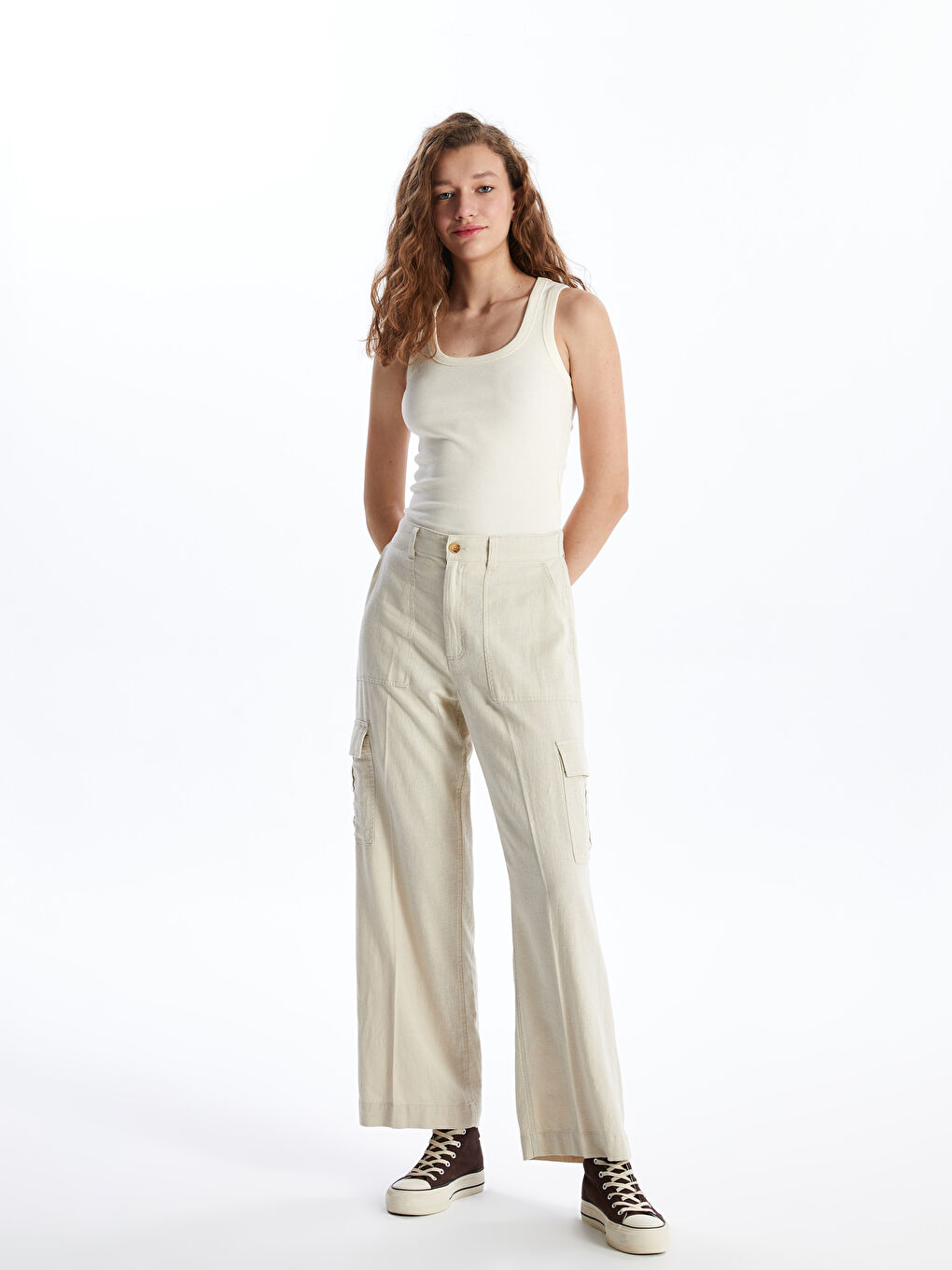 Elastic Waist Straight Linen Blend Women's Trousers -S49719Z8-CTL