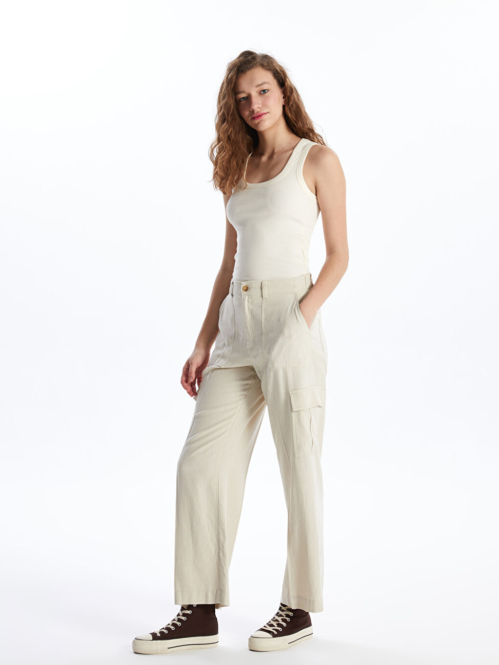 Elastic Waist Straight Linen Blend Women's Trousers -S49719Z8-CTL
