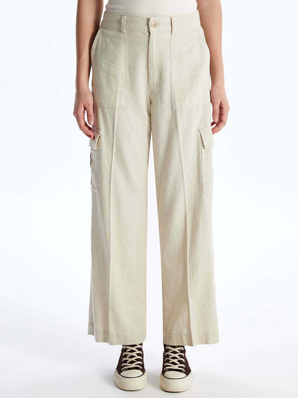 Elastic Waist Straight Linen Blend Women's Trousers -S49719Z8-CTL