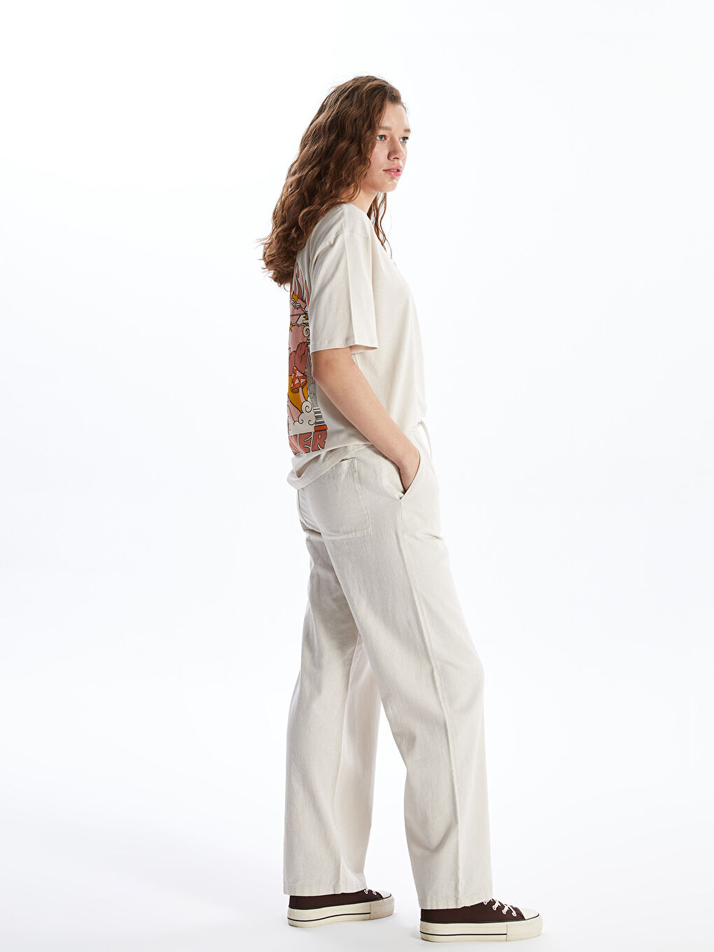 Elasticated Waist Plain Linen Blend Women's Trousers-3