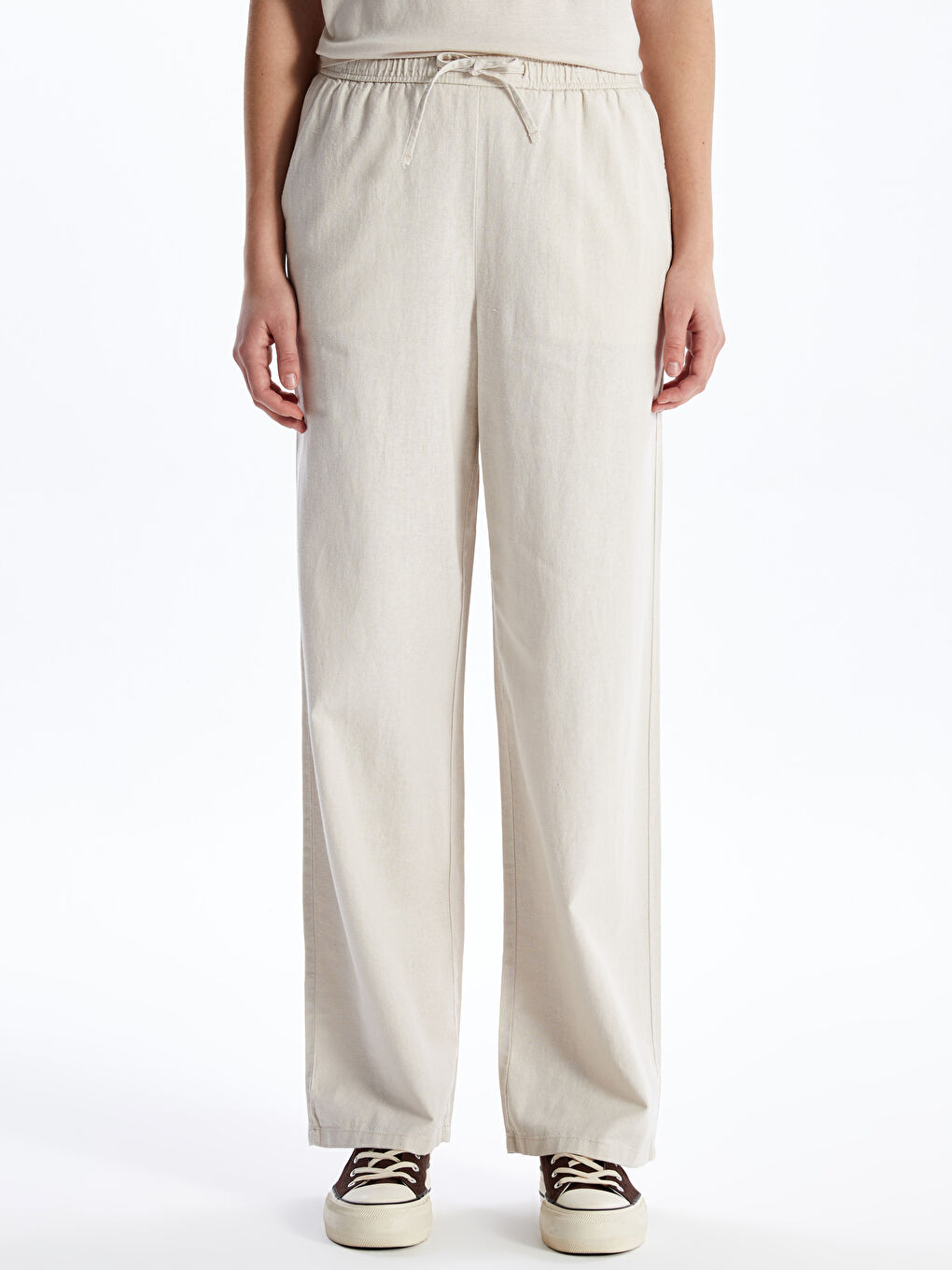 Elasticated Waist Plain Linen Blend Women's Trousers-5