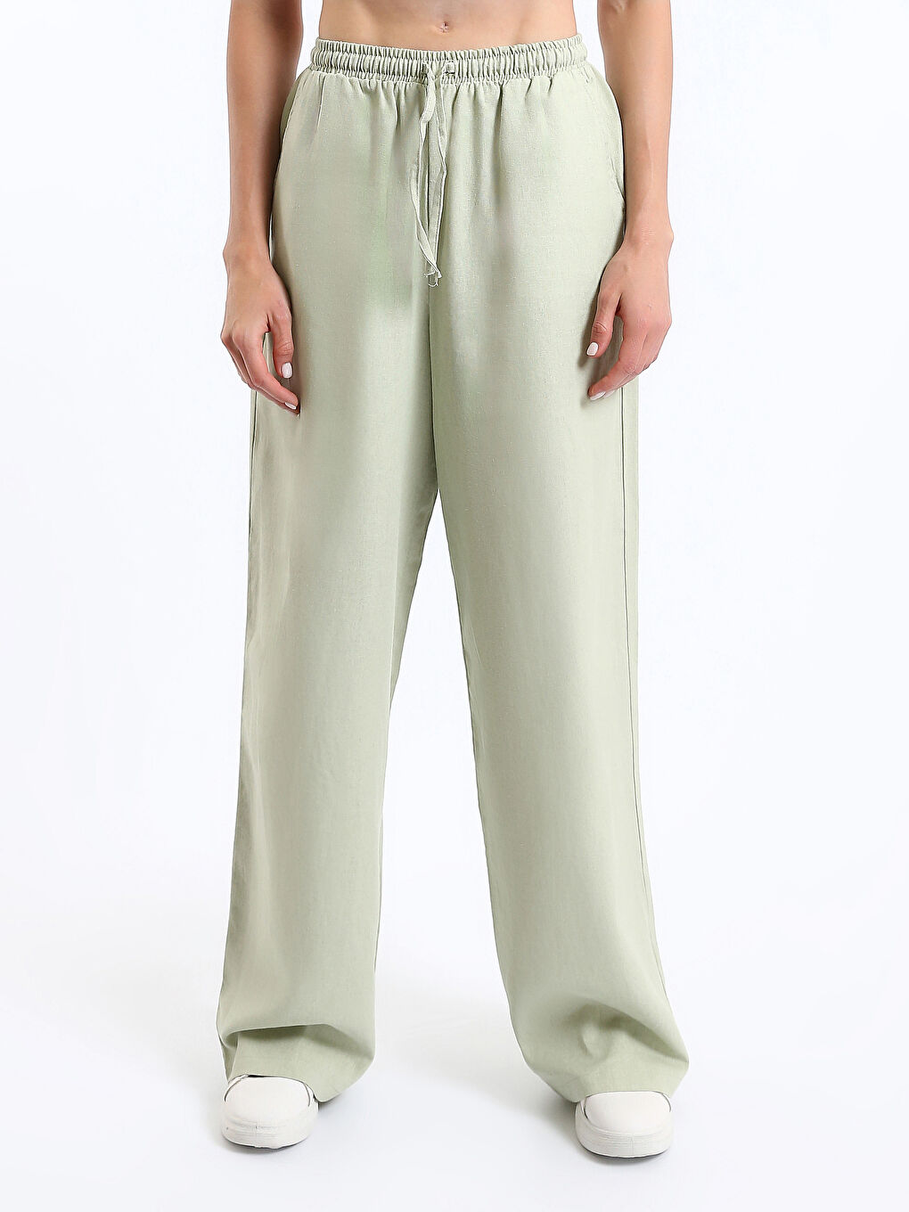 Pantalon en Mélange de Lin Uni à Taille Élastiquée pour Femmes-1