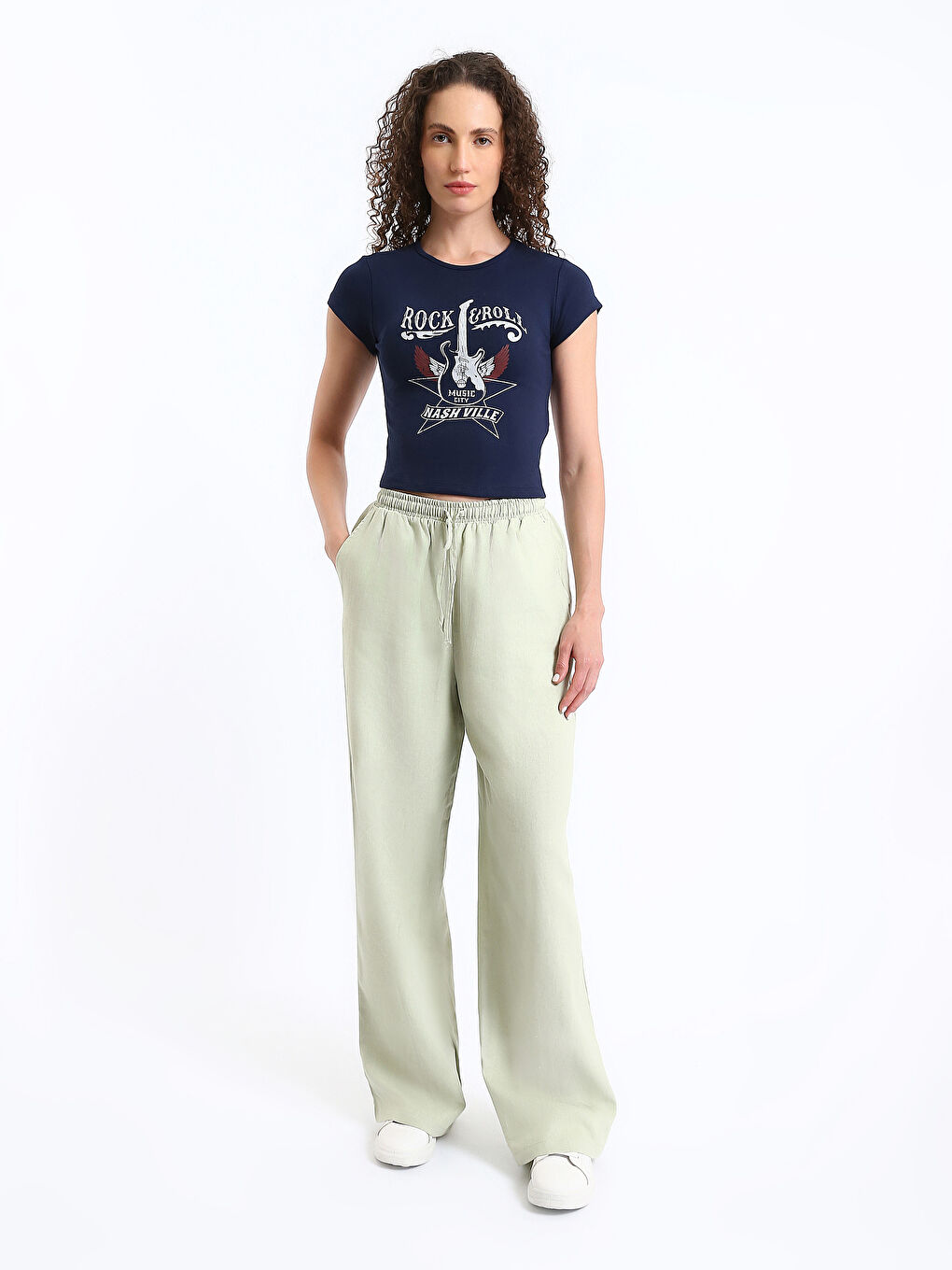 Pantalon en Mélange de Lin Uni à Taille Élastiquée pour Femmes-2