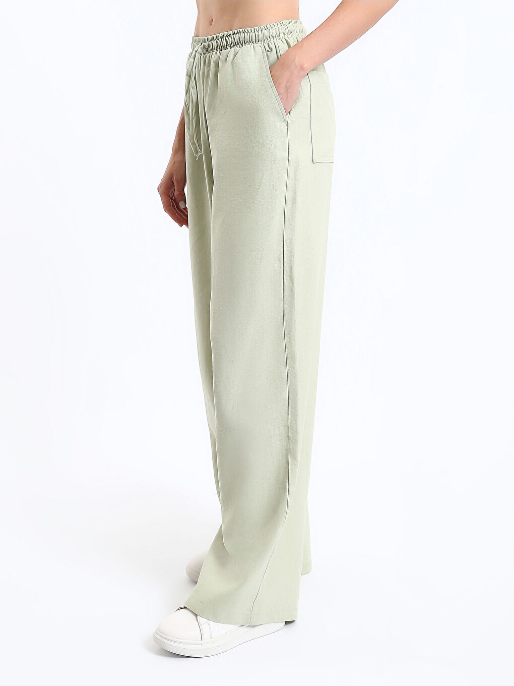 Pantalon en Mélange de Lin Uni à Taille Élastiquée pour Femmes-6