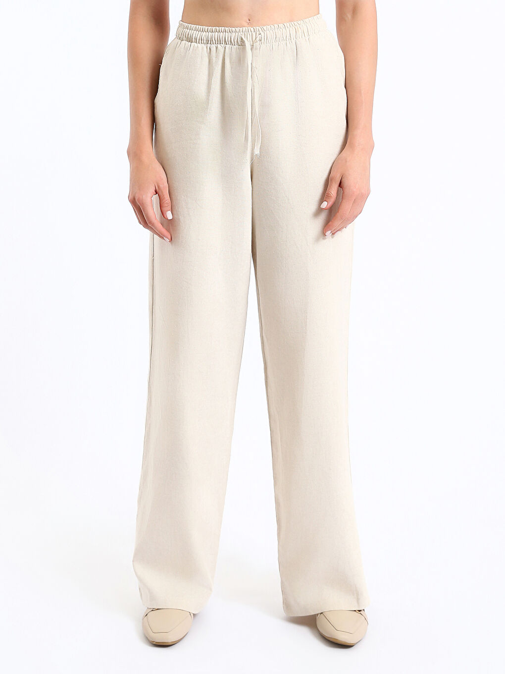 Elasticated Waist Plain Linen Blend Women's Trousers-1