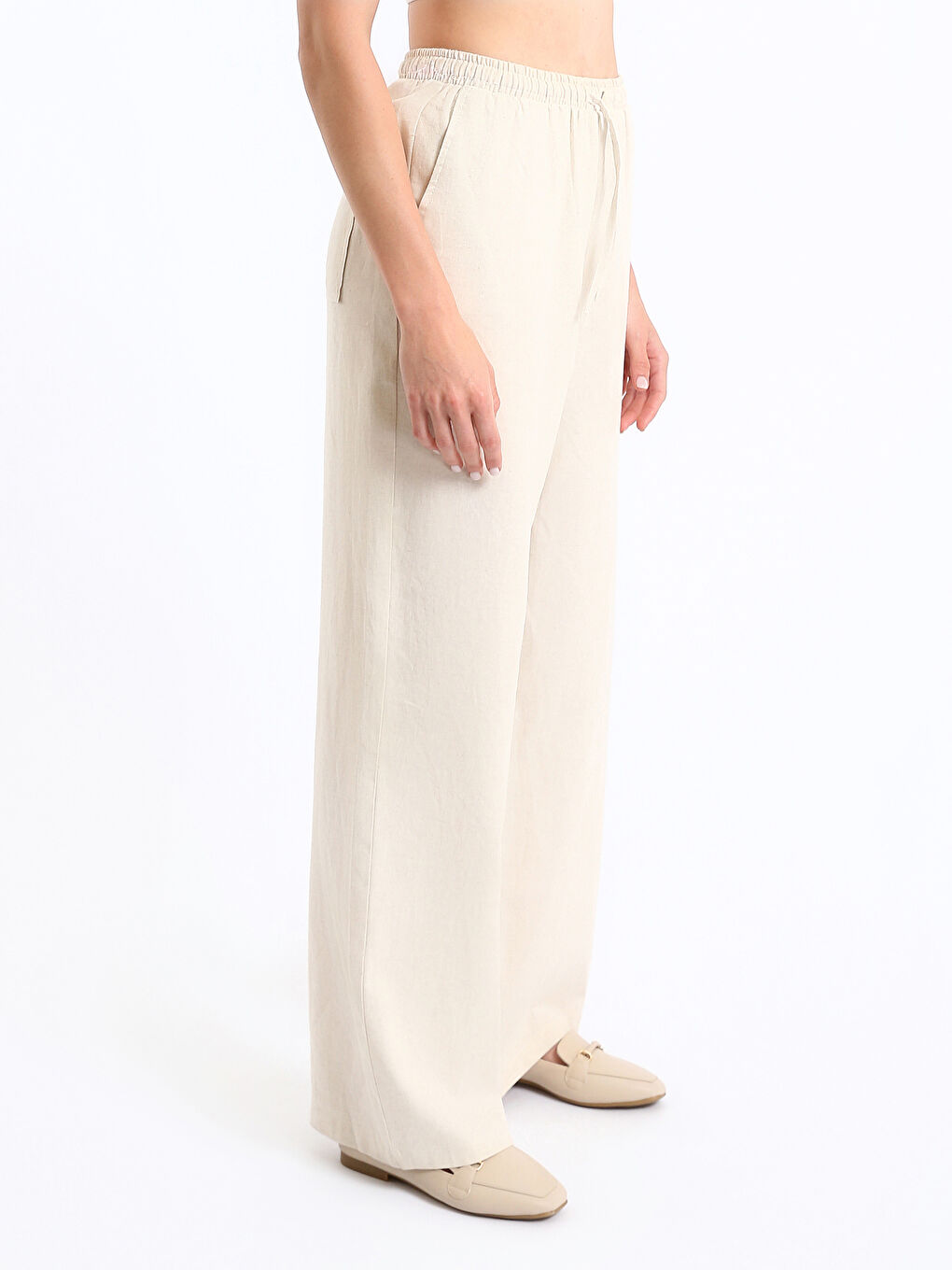 Elasticated Waist Plain Linen Blend Women's Trousers-6
