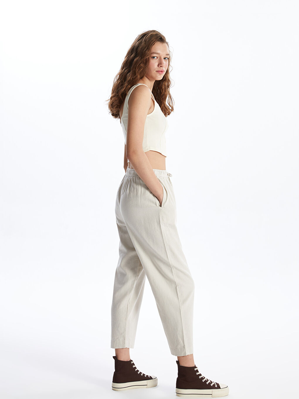 Elastic Waist Straight Linen Blend Women's Trousers