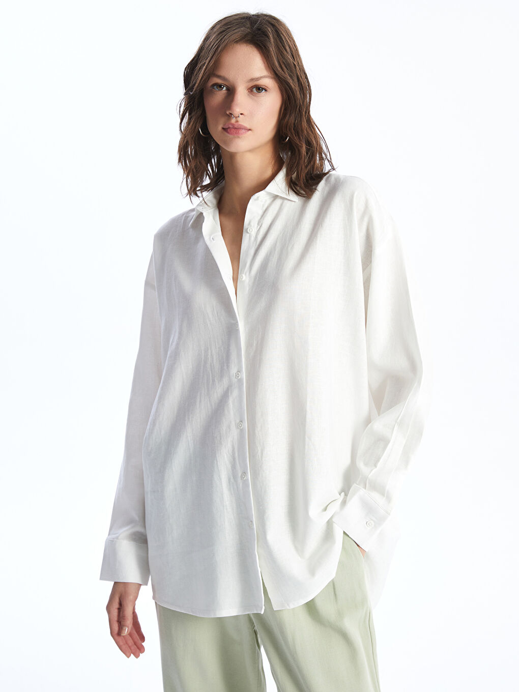 Straight Long Sleeve Linen Blend Women's Shirt -S49728Z8-Q6K