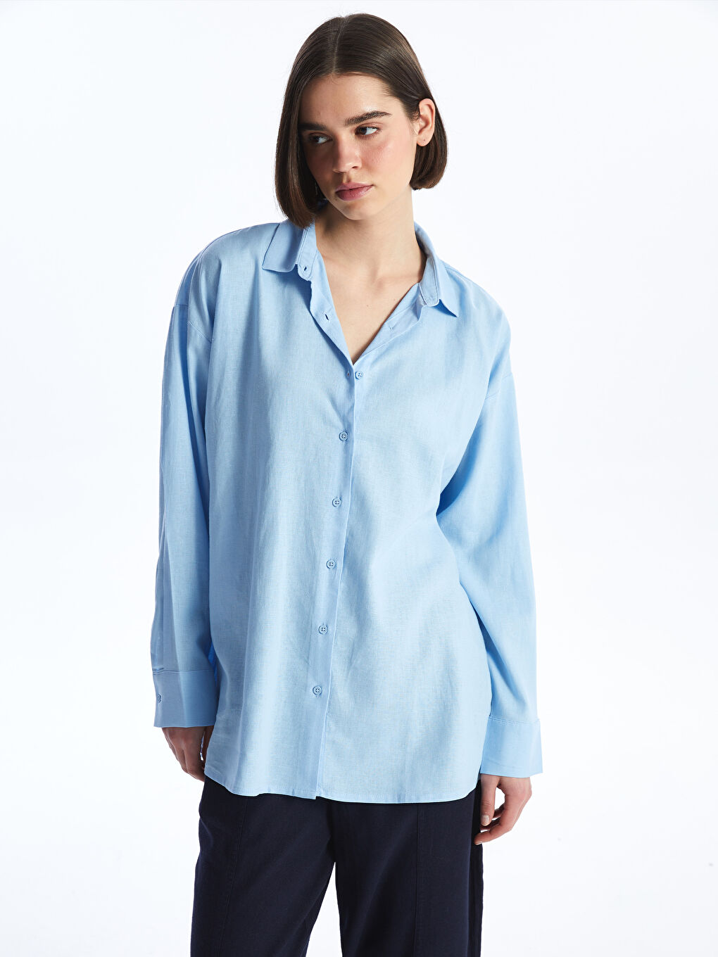 Mavi Düz Uzun Kollu Keten Karışımlı Kadın Gömlek