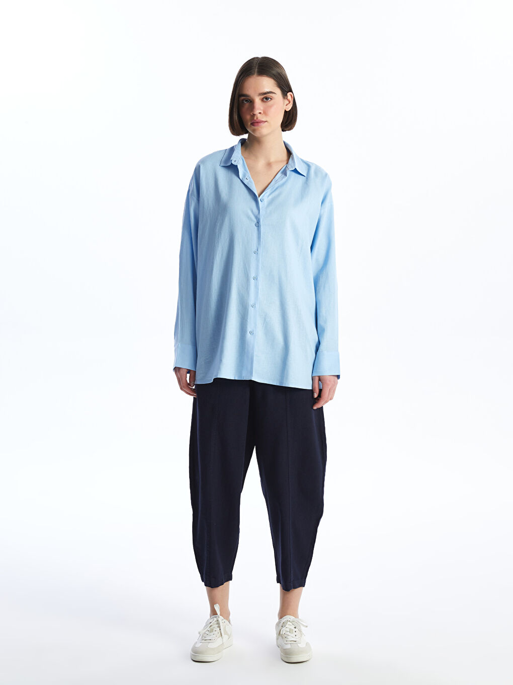 Mavi Düz Uzun Kollu Keten Karışımlı Kadın Gömlek-2