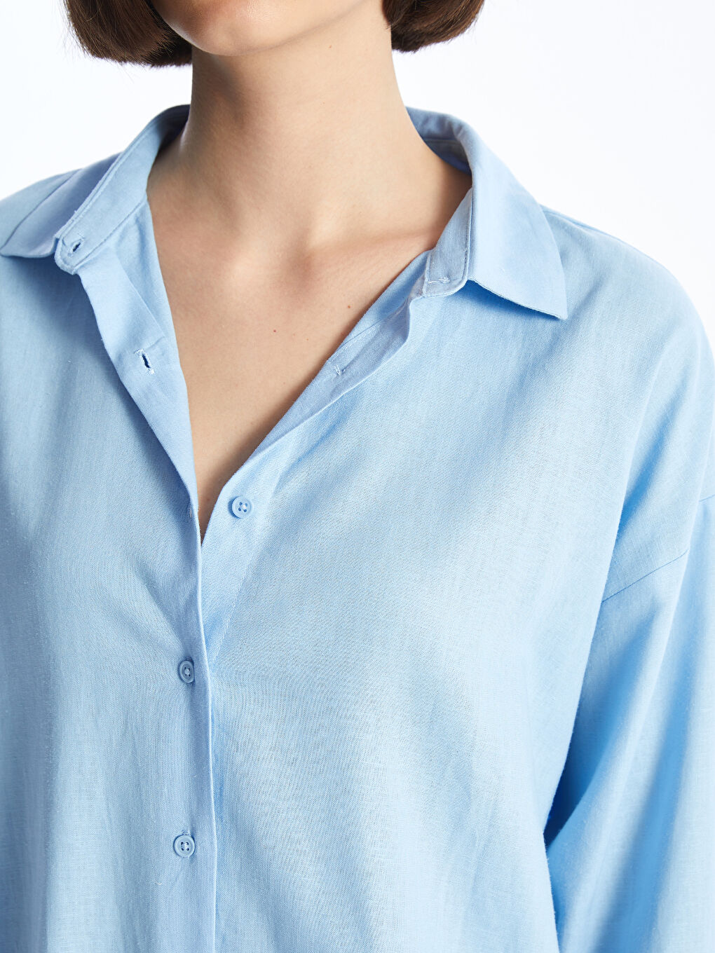 Mavi Düz Uzun Kollu Keten Karışımlı Kadın Gömlek-3