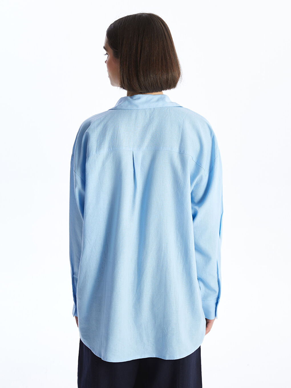 Mavi Düz Uzun Kollu Keten Karışımlı Kadın Gömlek-4