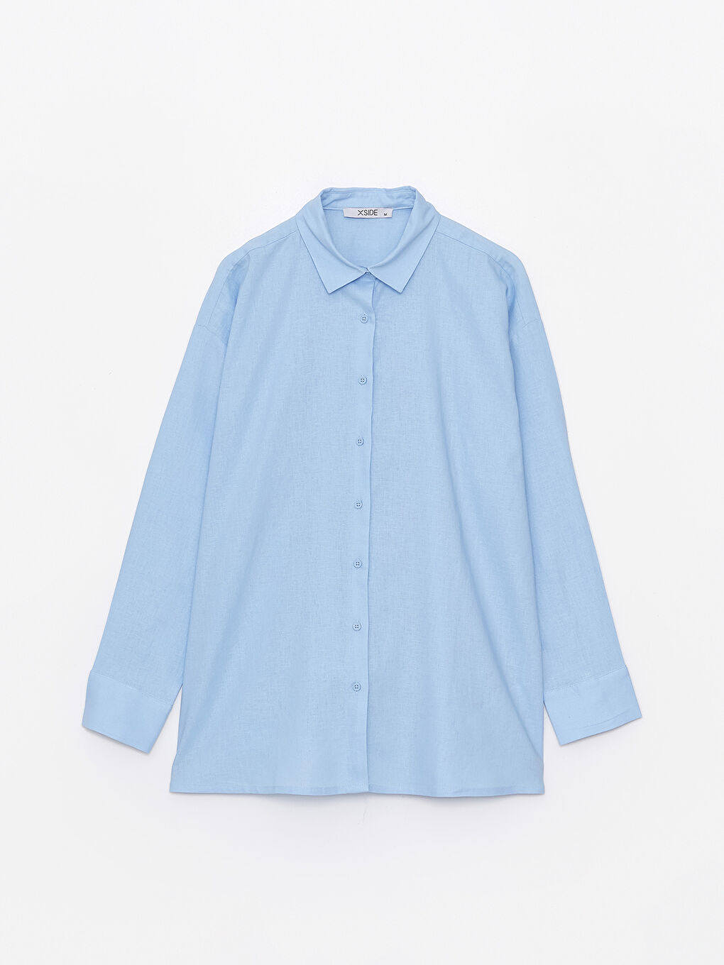 Mavi Düz Uzun Kollu Keten Karışımlı Kadın Gömlek-5