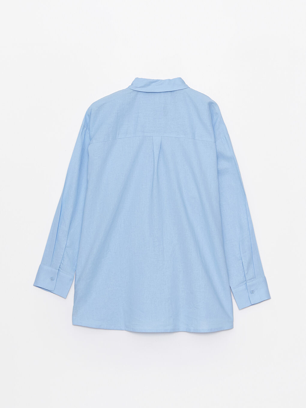 Mavi Düz Uzun Kollu Keten Karışımlı Kadın Gömlek-6