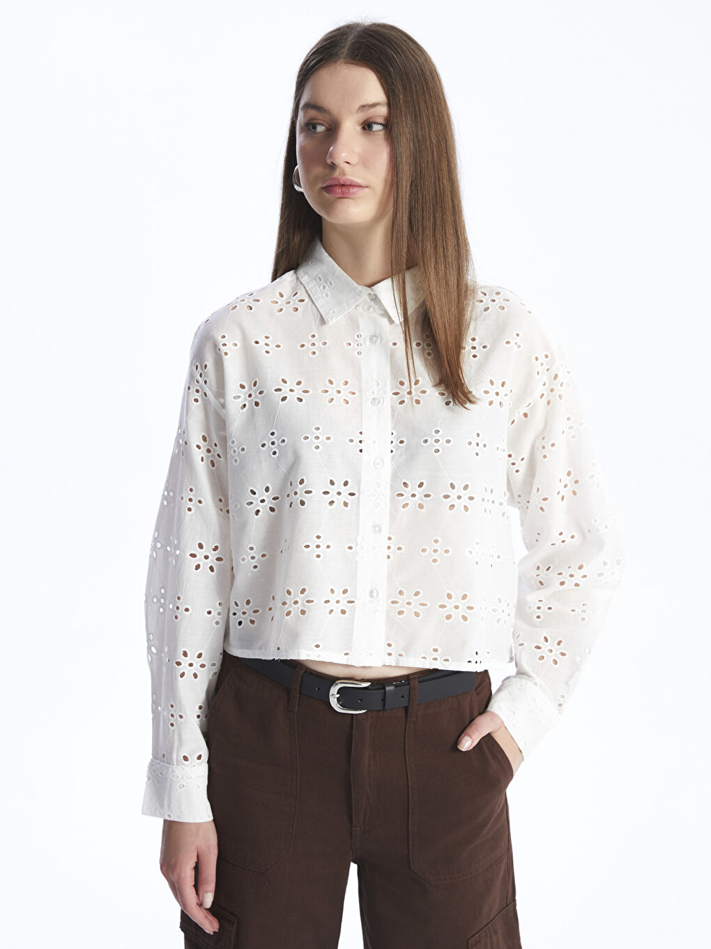 XSIDE Selbstgemustertes Langarm-Crop-Hemd für Damen -S49762Z8-KE8