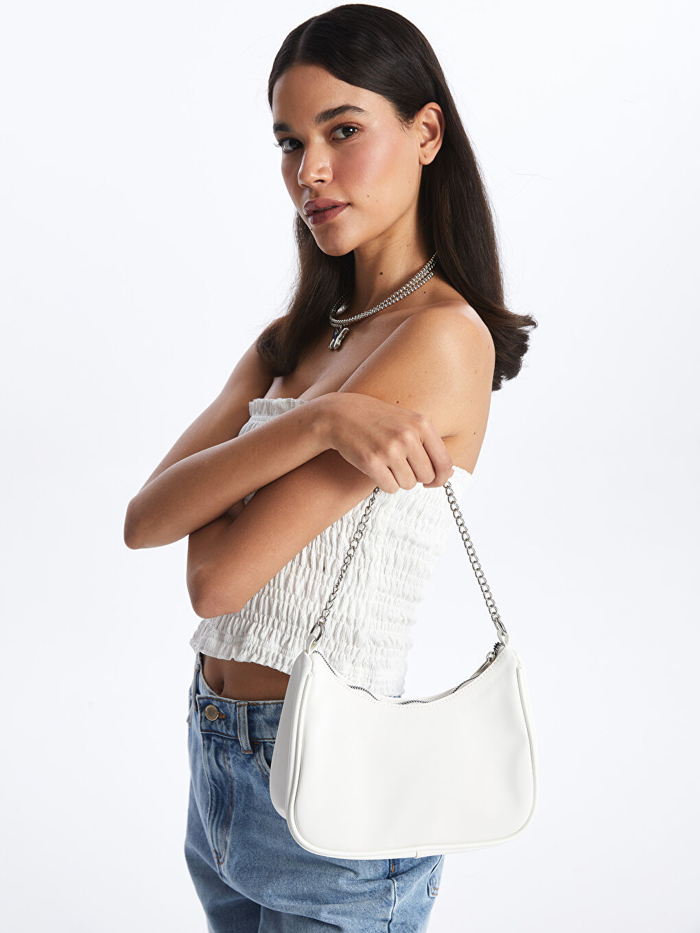 Beyaz Deri Görünümlü Kadın Kol Çantası