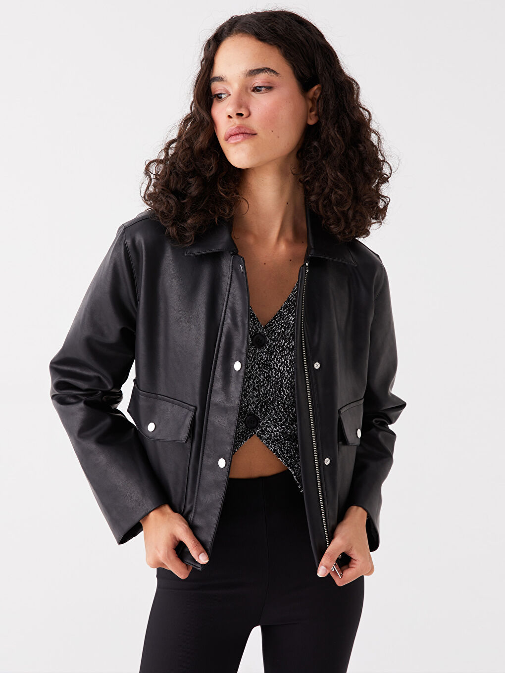 Shirt Collar Straight Long Sleeve Women's Leather Look Coat -S49829Z8-CVL