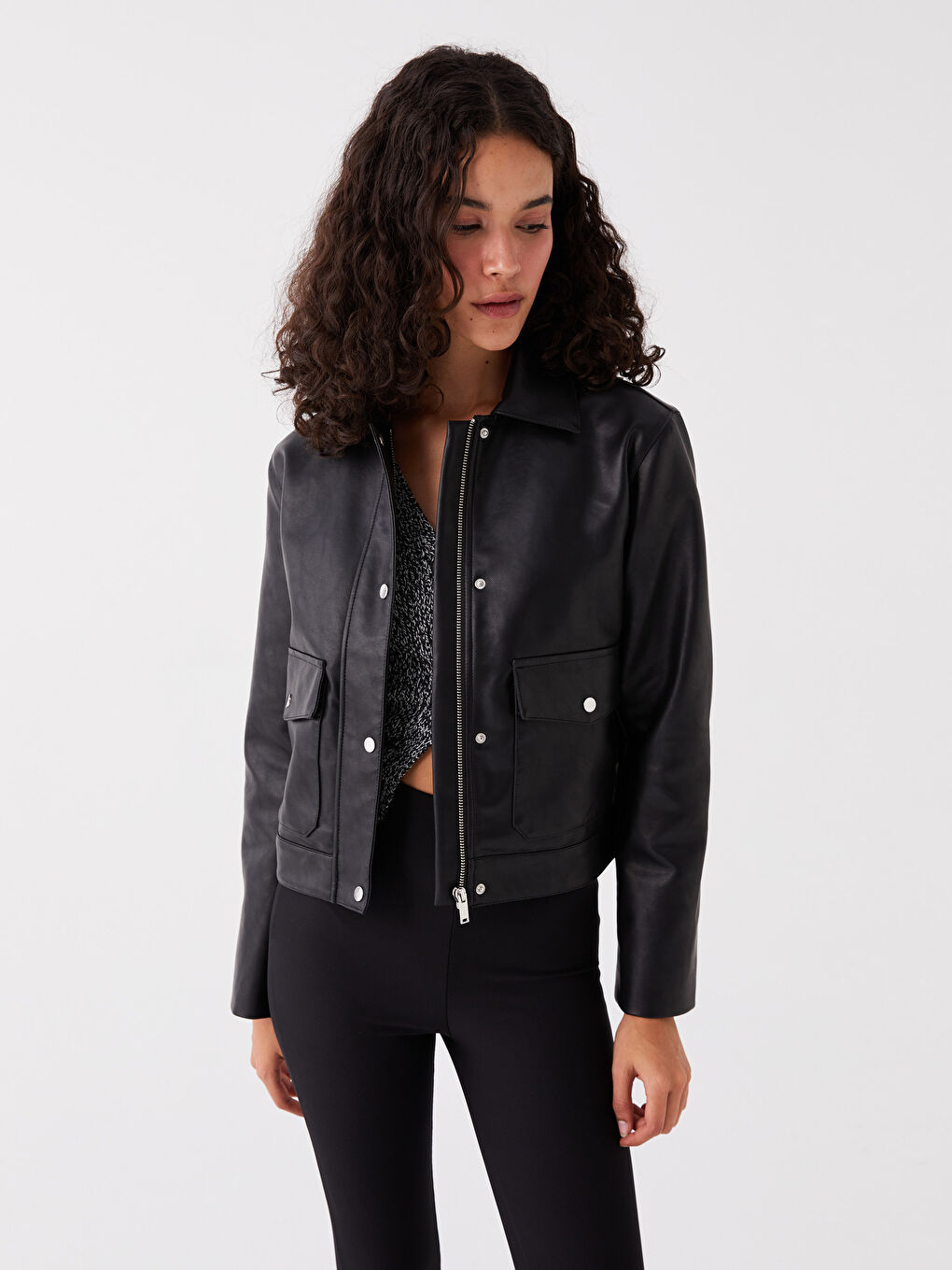 Shirt Collar Straight Long Sleeve Women's Leather Look Coat -S49829Z8-CVL
