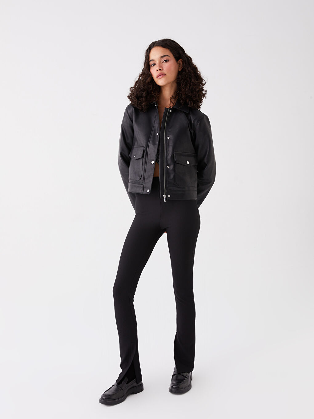 Shirt Collar Straight Long Sleeve Women's Leather Look Coat -S49829Z8-CVL