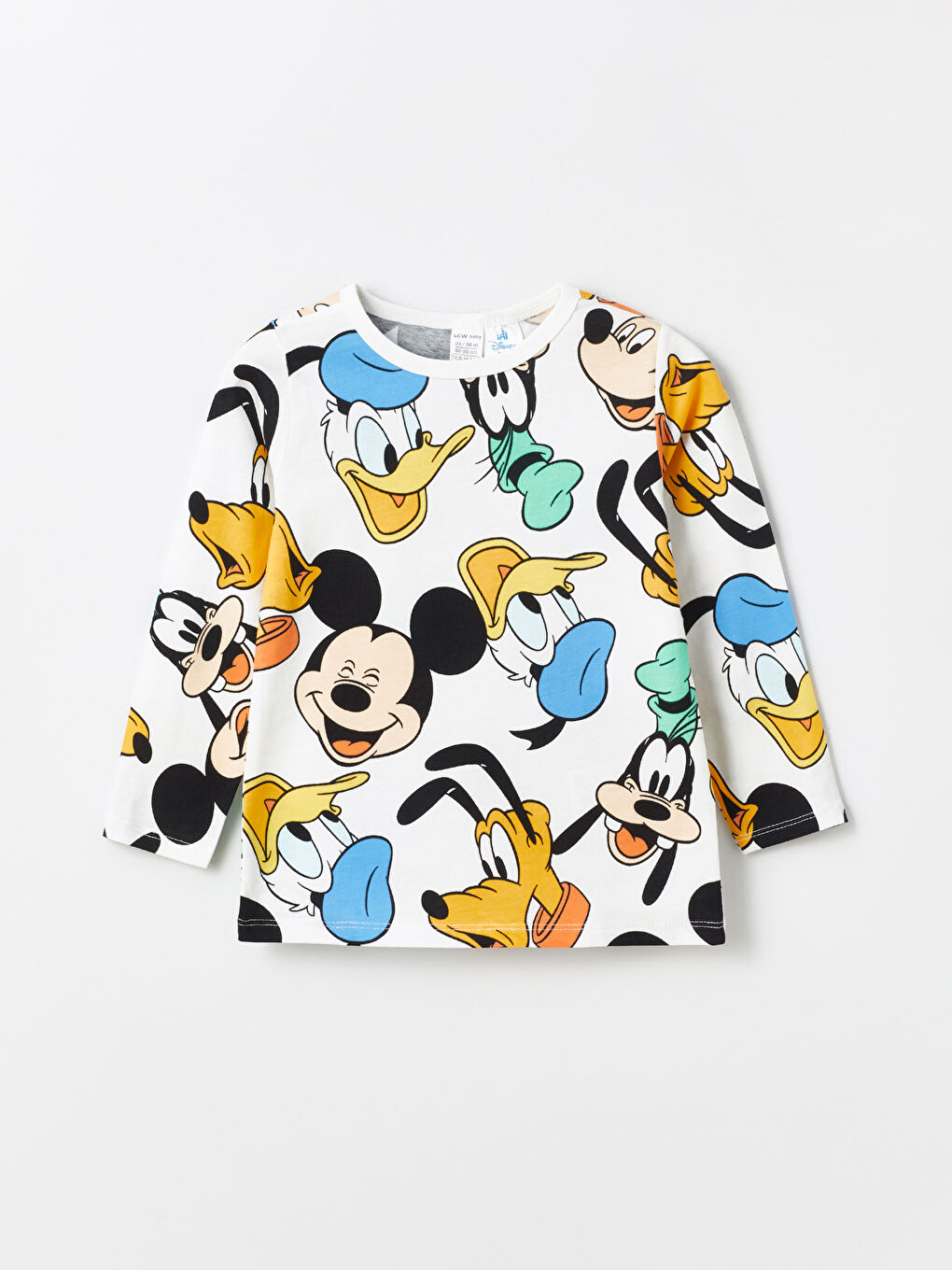 Ekru Bisiklet Yaka Uzun Kollu Mickey Mouse Baskılı Erkek Bebek Pijama Üst