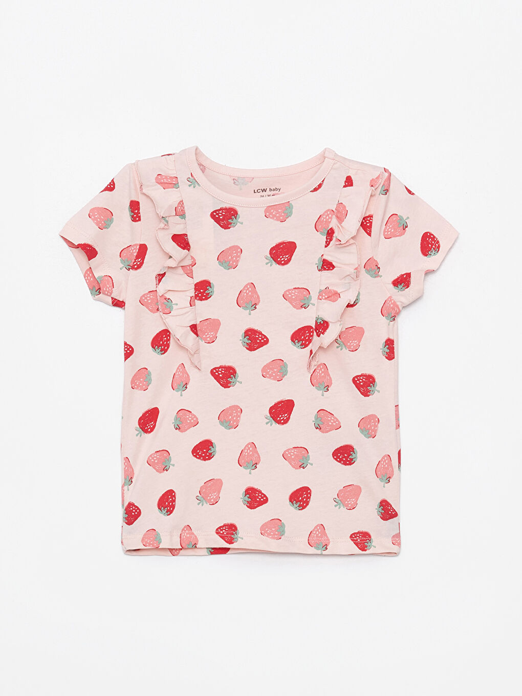 Pembe Bisiklet Yaka Desenli Fırfır Detaylı Kız Bebek Tişört