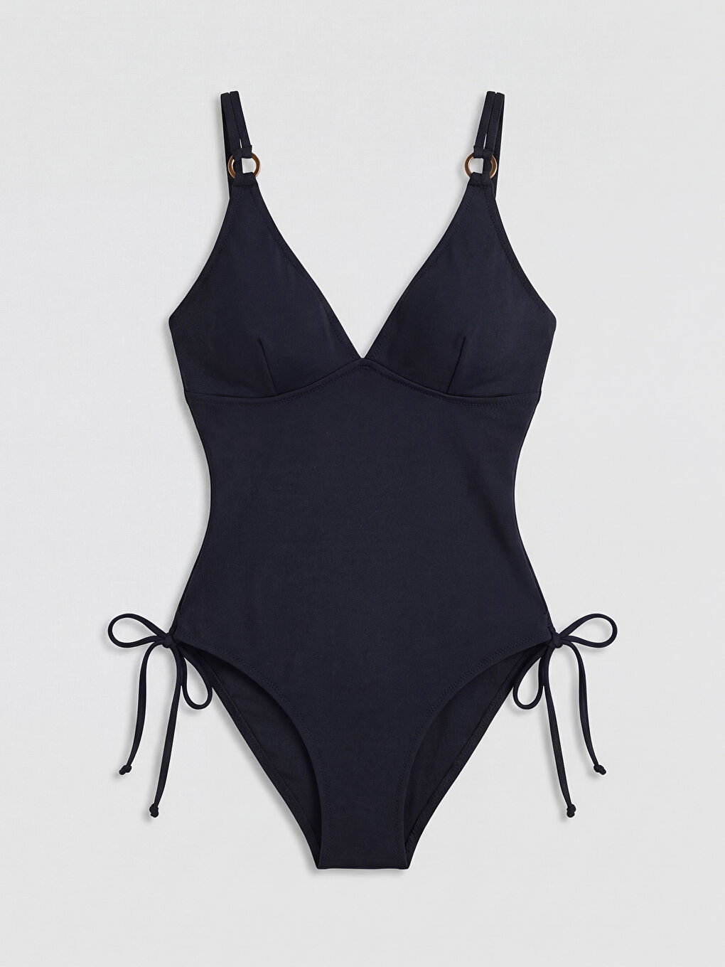 Siyah UV Korumalı V Yaka Parlak Görünümlü Askılı Kadın Mayo