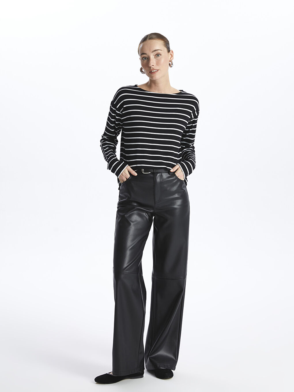 تي شيرت كم طويل مخطط بياقة دائرية للسيدات-2