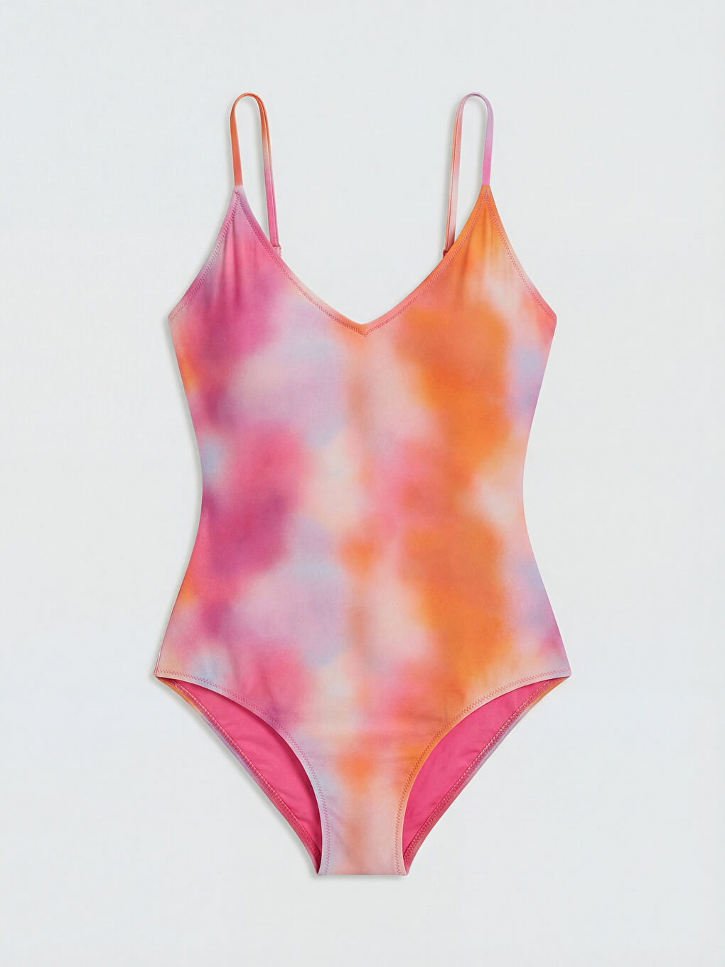 Pembe UV Korumalı V Yaka Batik Desenli Askılı Kadın Mayo