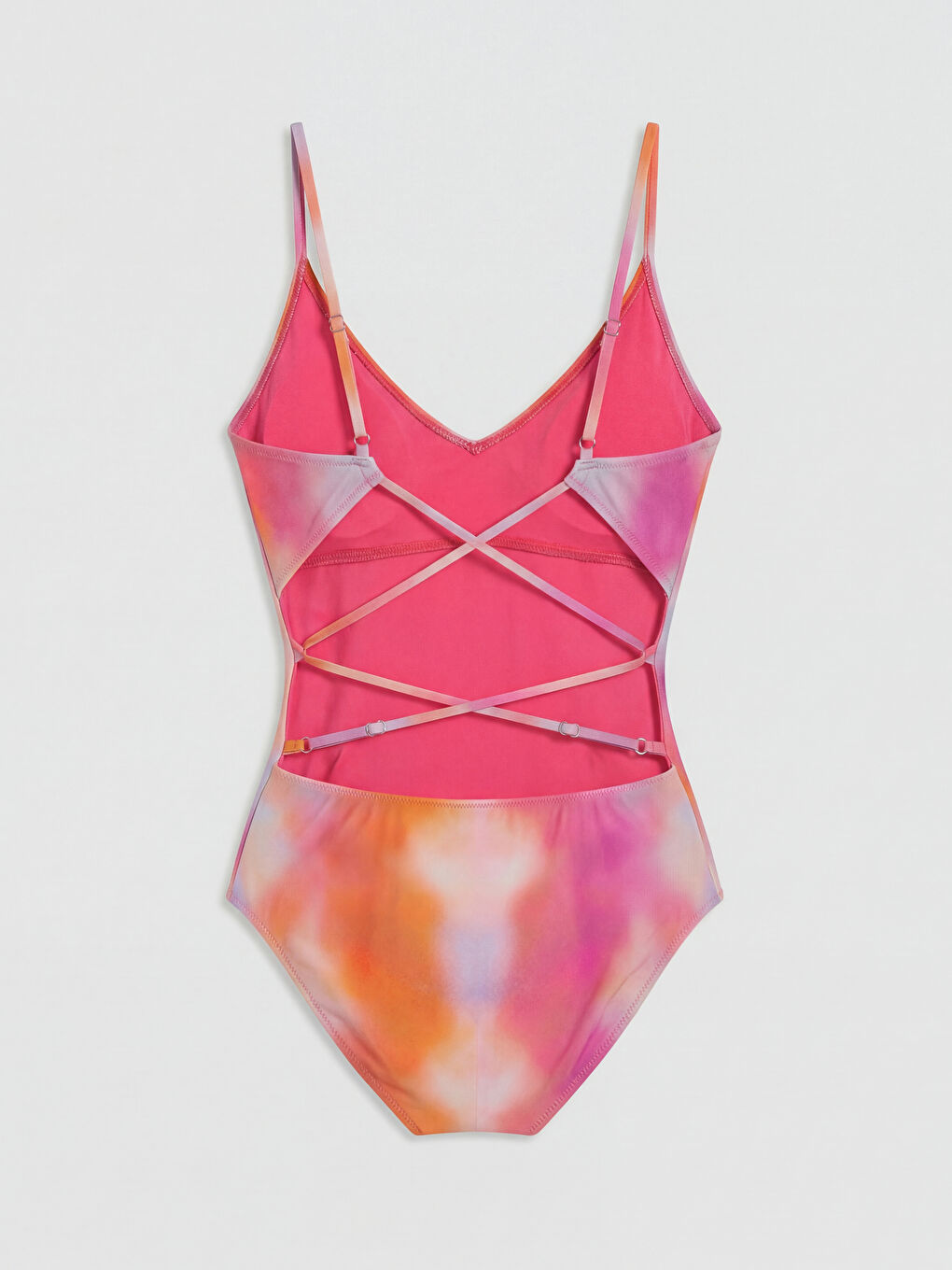 Pembe UV Korumalı V Yaka Batik Desenli Askılı Kadın Mayo-1