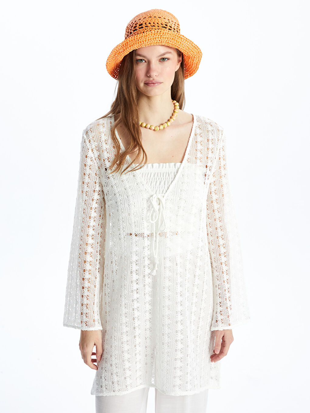 Ekru V Yaka Kendinden Desenli Uzun Kollu Kadın Plaj Elbisesi