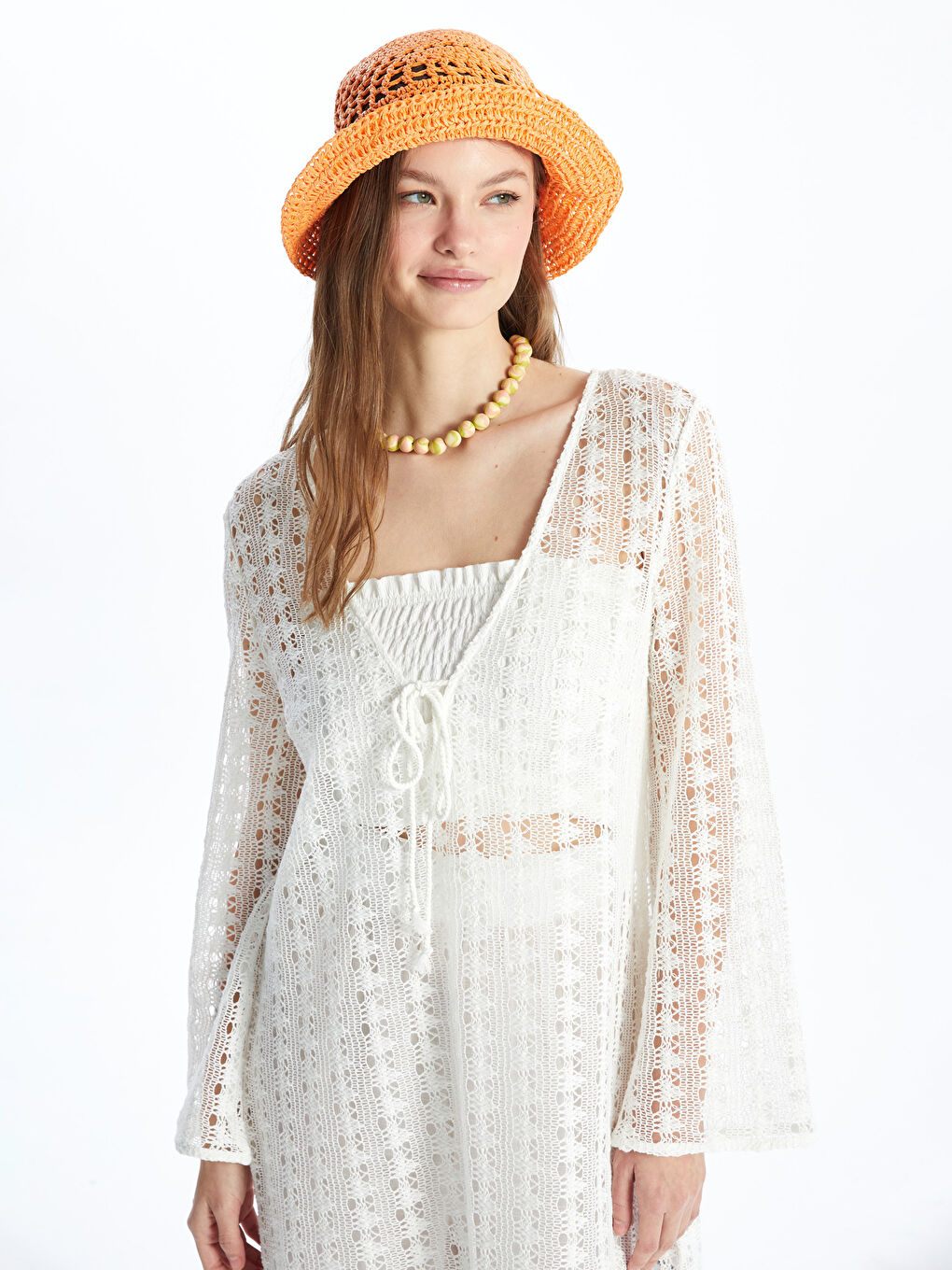 Ekru V Yaka Kendinden Desenli Uzun Kollu Kadın Plaj Elbisesi-1